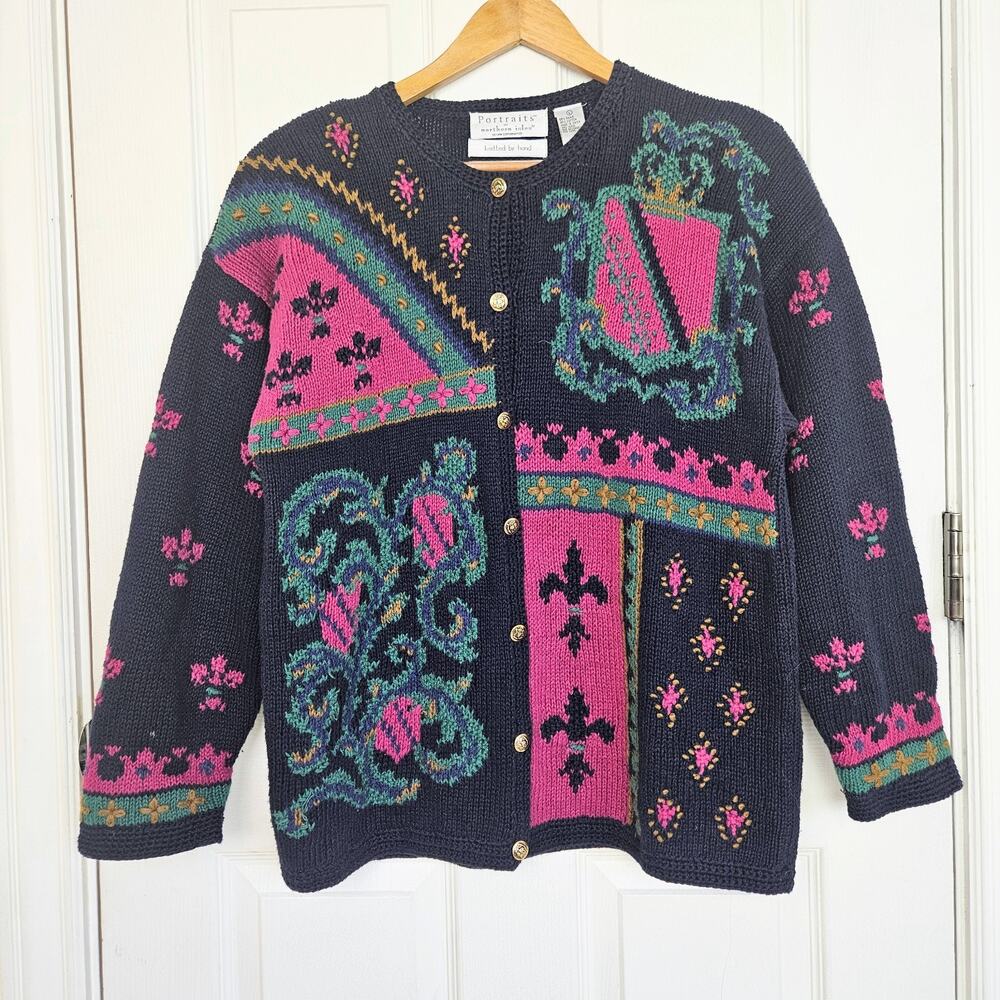 Northern Isles L Embroidered Medieval Fantasy Cardigan Sweater Whimsy Navy Blue